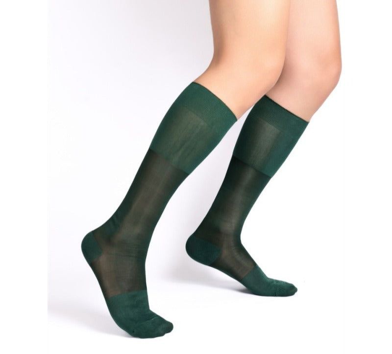 Lunepebbla nine semi-opaque nylon dress socks collection in nine saturated colors knee-high