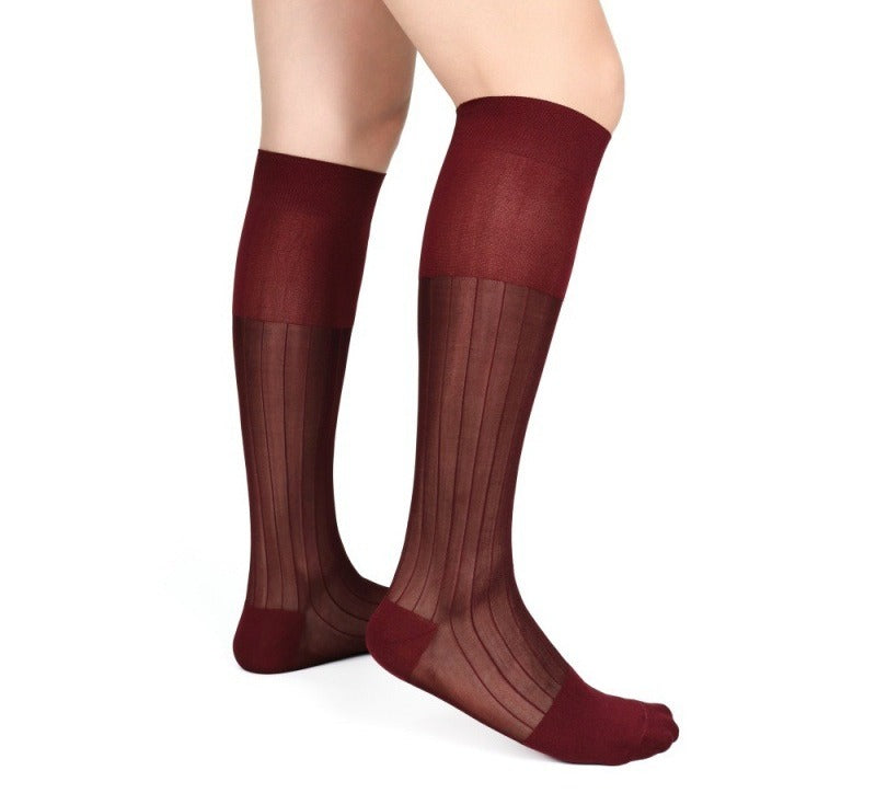 Burgundy Ribbed Sheer Knee-High Dress Socks
