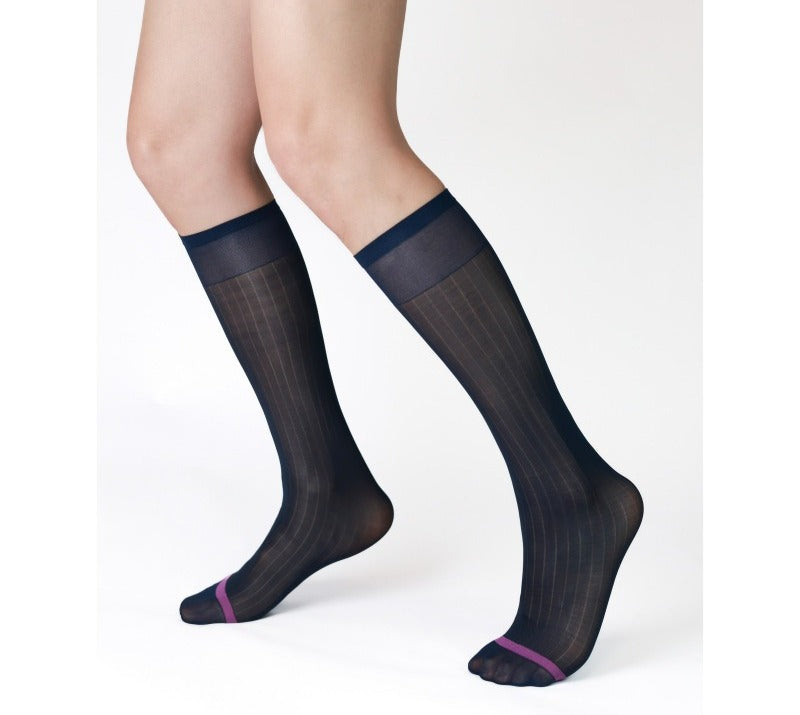 Ribbed Sheer Navy Dress Socks with Contrast Toe