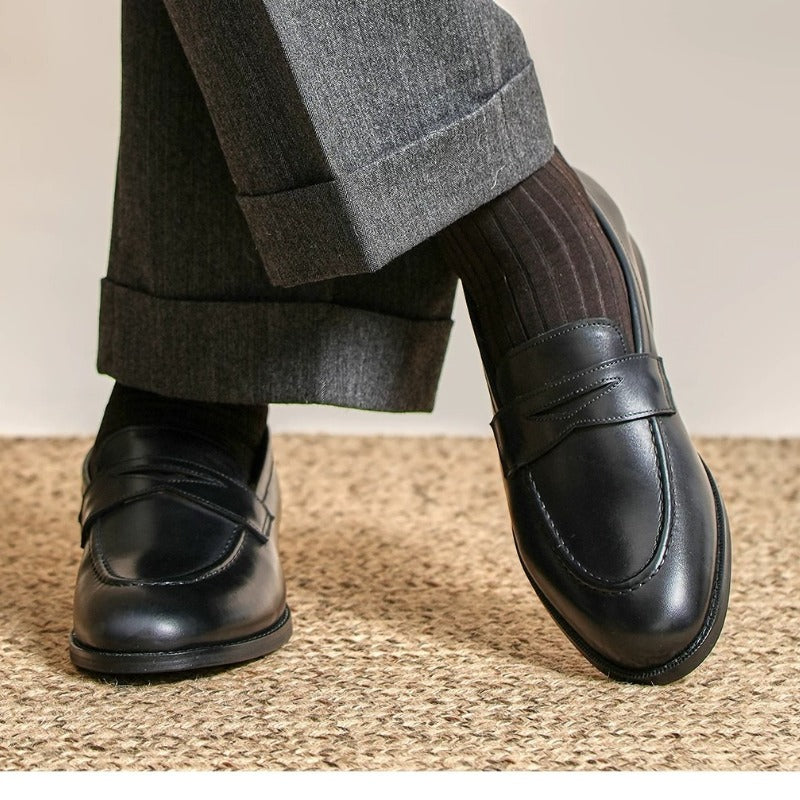Lunepebbla waxed calfskin penny loafers interior showing caramel full leather lining