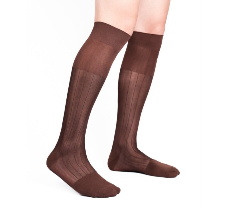 Brown Ribbed Sheer Knee-High Dress Socks