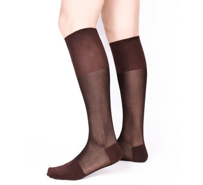 Lunepebbla semi-opaque dress socks worn with leather shoes showing thin fit inside shoe