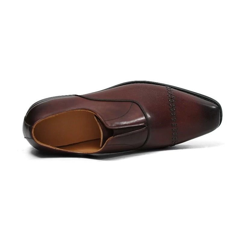 Handmade Brown Leather Laceless Cap-Toe Oxfords for Men, Slip-On Dress Shoes
