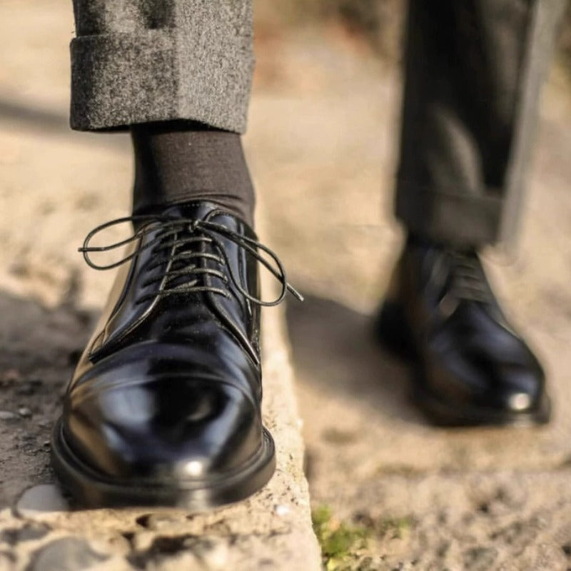 Handmade Black Leather Derby Shoes for Men, Plain Toe Lace-Up Dress Shoes