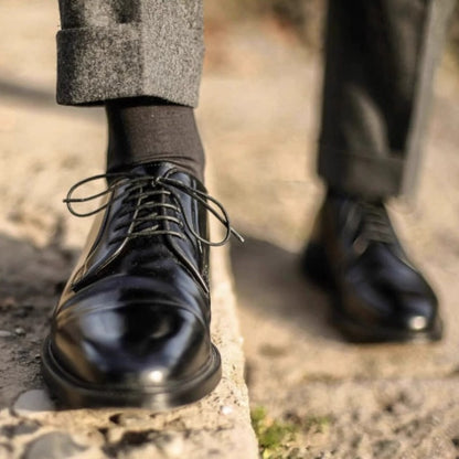Handmade Black Leather Derby Shoes for Men, Plain Toe Lace-Up Dress Shoes