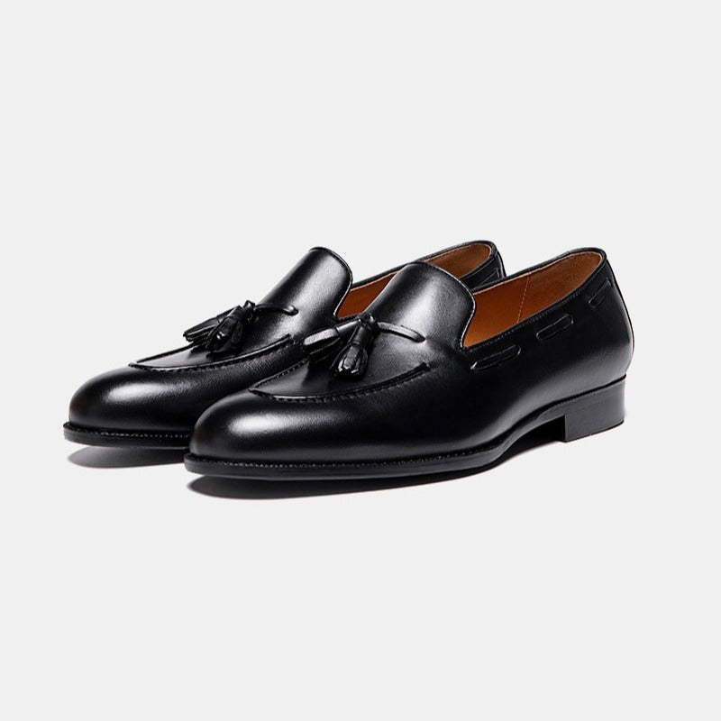 Lunepebbla handmade brown full-grain leather tassel loafers for men with twin leather tassels