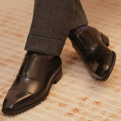 Handmade Black Leather Laceless Cap-Toe Oxfords for Men, Slip-On Dress Shoes