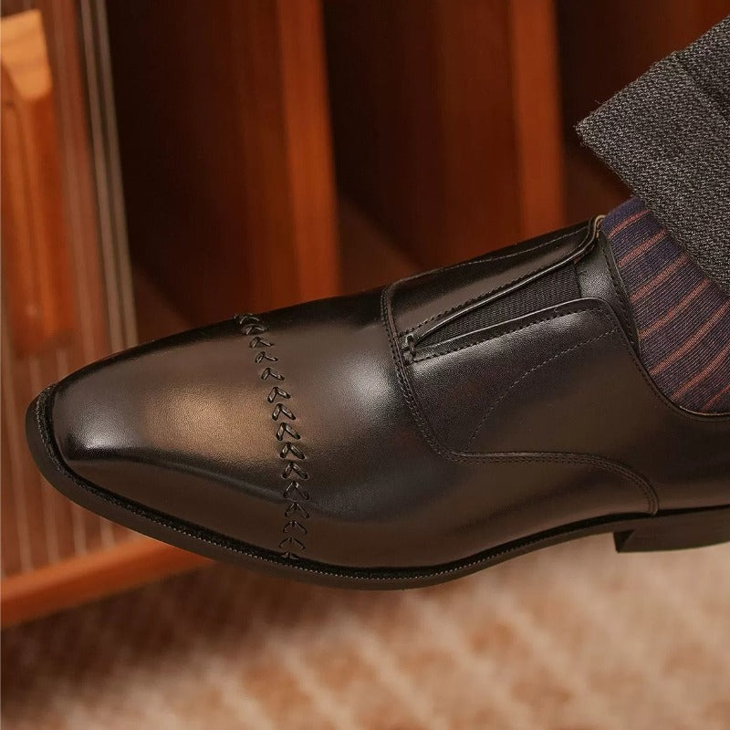 Handmade Black Leather Laceless Cap-Toe Oxfords for Men, Slip-On Dress Shoes