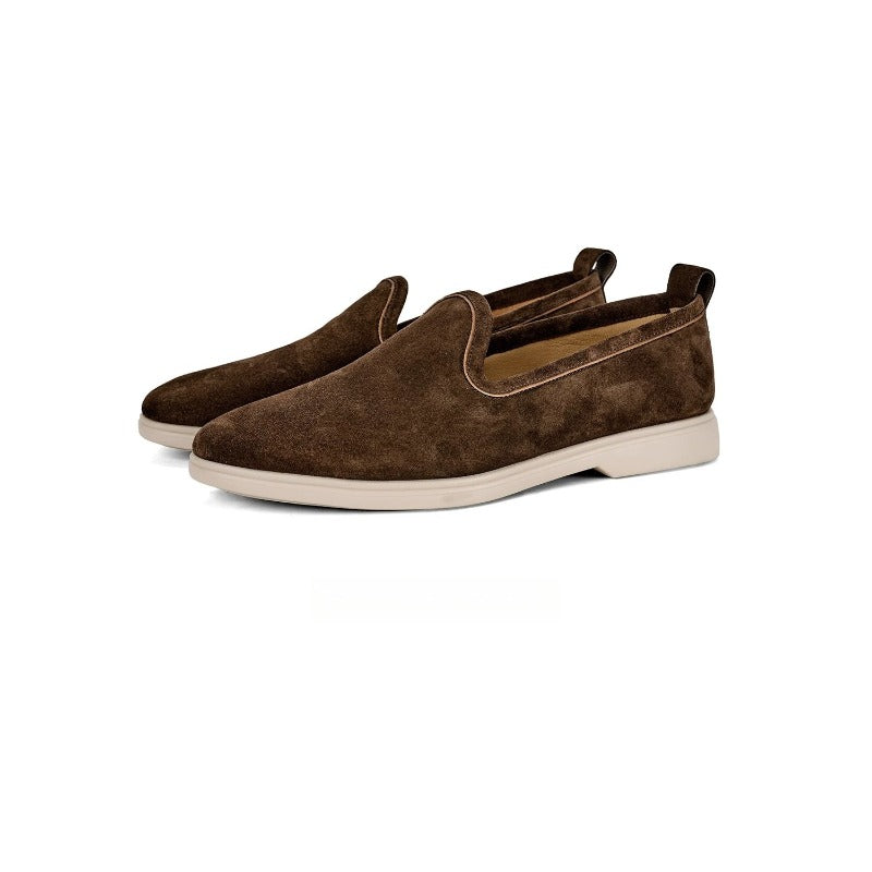 Lunepebbla Dark Brown — handmade suede loafers white sole, summer slip-on shoes for men front view pair