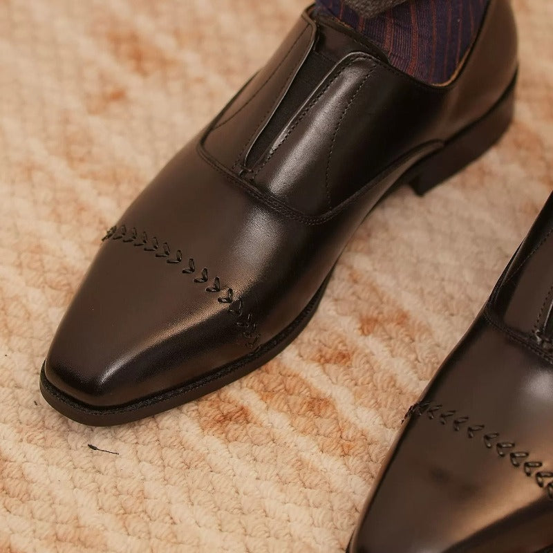 Handmade Black Leather Laceless Cap-Toe Oxfords for Men, Slip-On Dress Shoes