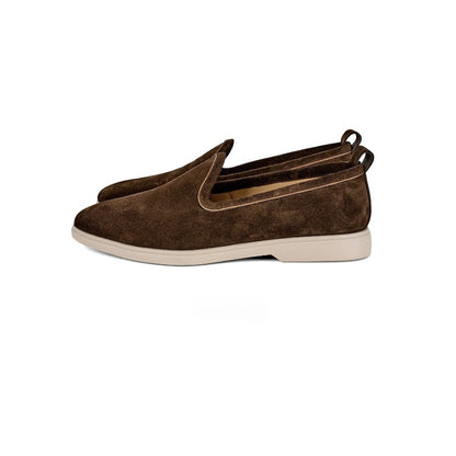 Lunepebbla Dark Brown — handmade suede loafers white sole, summer slip-on shoes for men top down view