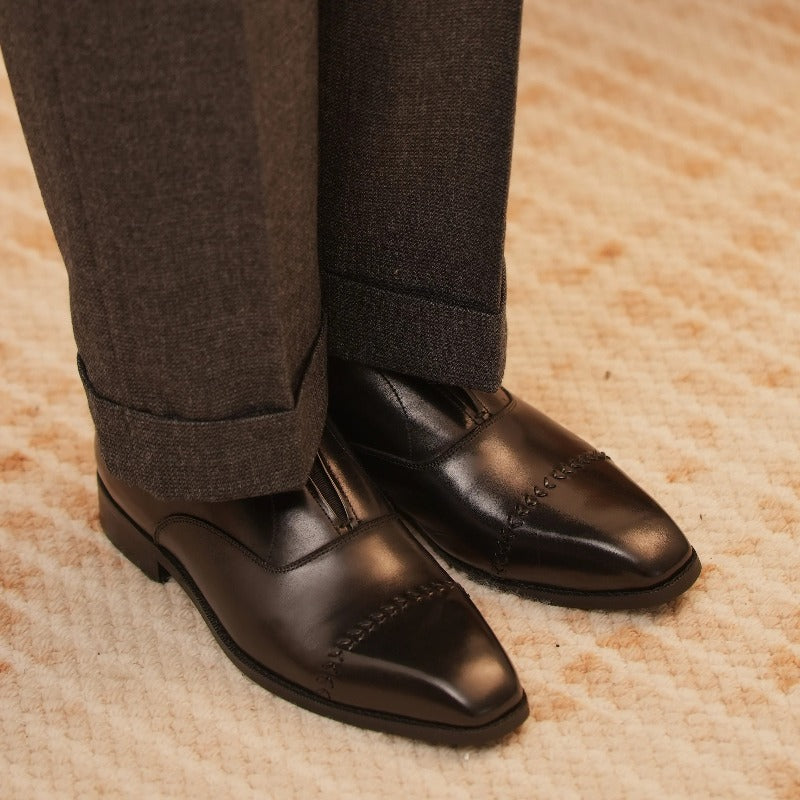 Handmade Black Leather Laceless Cap-Toe Oxfords for Men, Slip-On Dress Shoes
