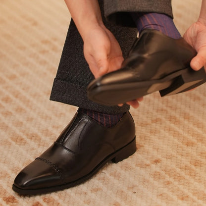 Handmade Black Leather Laceless Cap-Toe Oxfords for Men, Slip-On Dress Shoes
