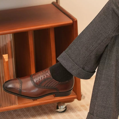 Handmade Dark Brown Cap-Toe Oxford Brogue Shoes for Men, Leather Lace-Up Dress Shoes