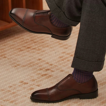 Handmade Brown Leather Laceless Cap-Toe Oxfords for Men, Slip-On Dress Shoes