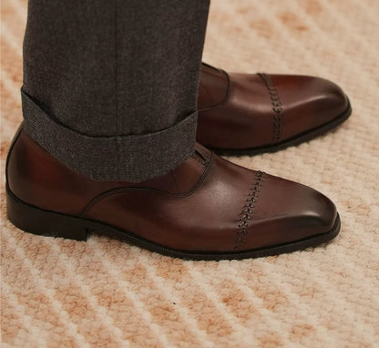 Handmade Brown Leather Laceless Cap-Toe Oxfords for Men, Slip-On Dress Shoes