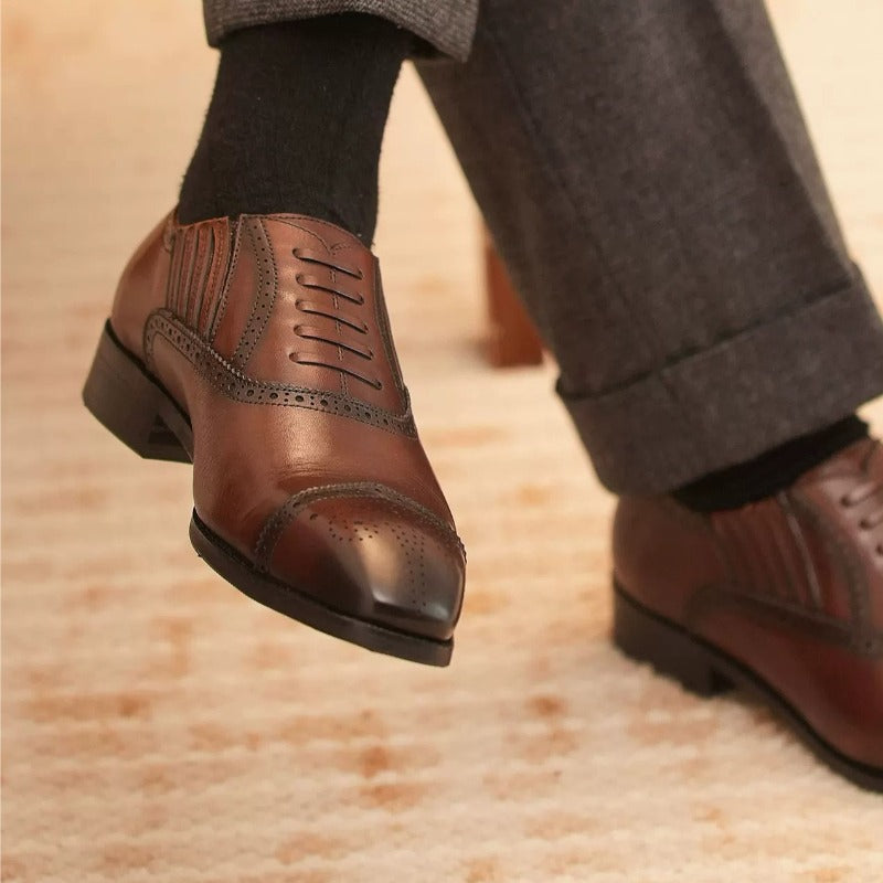 Handmade Dark Brown Cap-Toe Oxford Brogue Shoes for Men, Leather Lace-Up Dress Shoes
