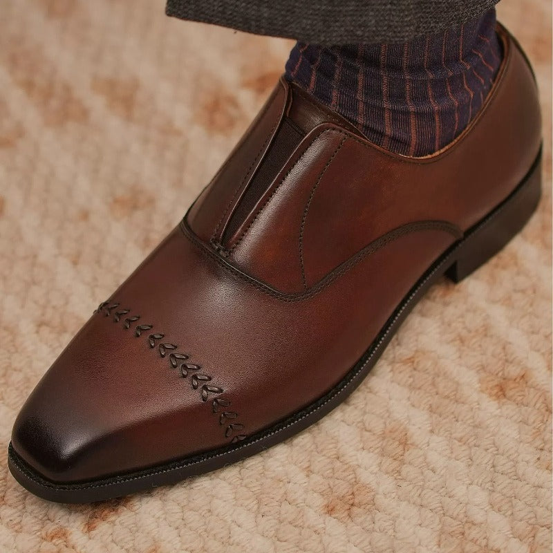 Handmade Brown Leather Laceless Cap-Toe Oxfords for Men, Slip-On Dress Shoes
