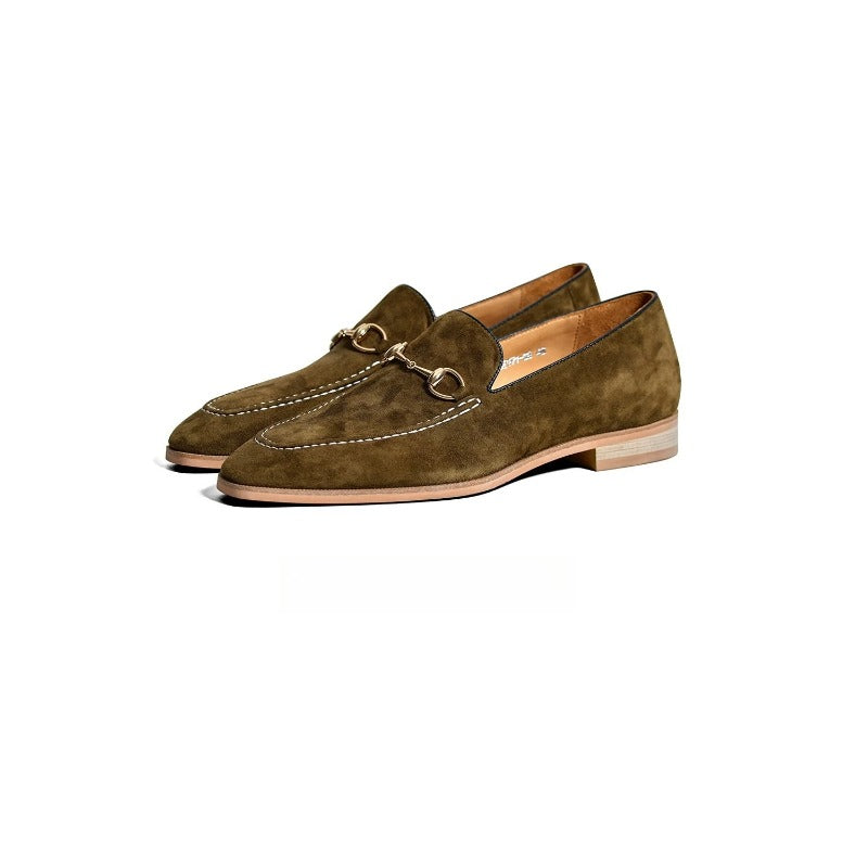 Lunepebbla handmade olive lambskin suede horsebit loafers for men with gold-tone buckle