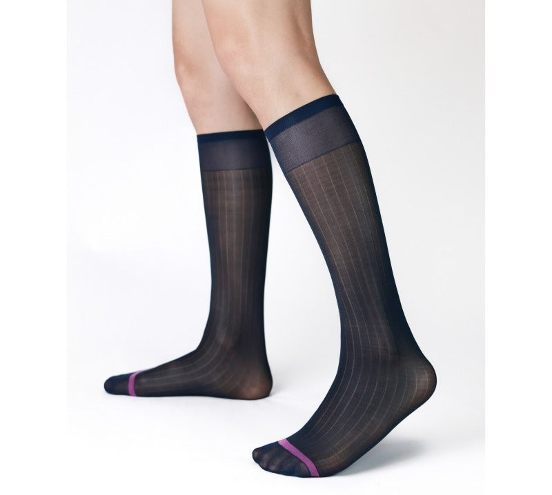 Ribbed Sheer Navy Dress Socks with Contrast Toe