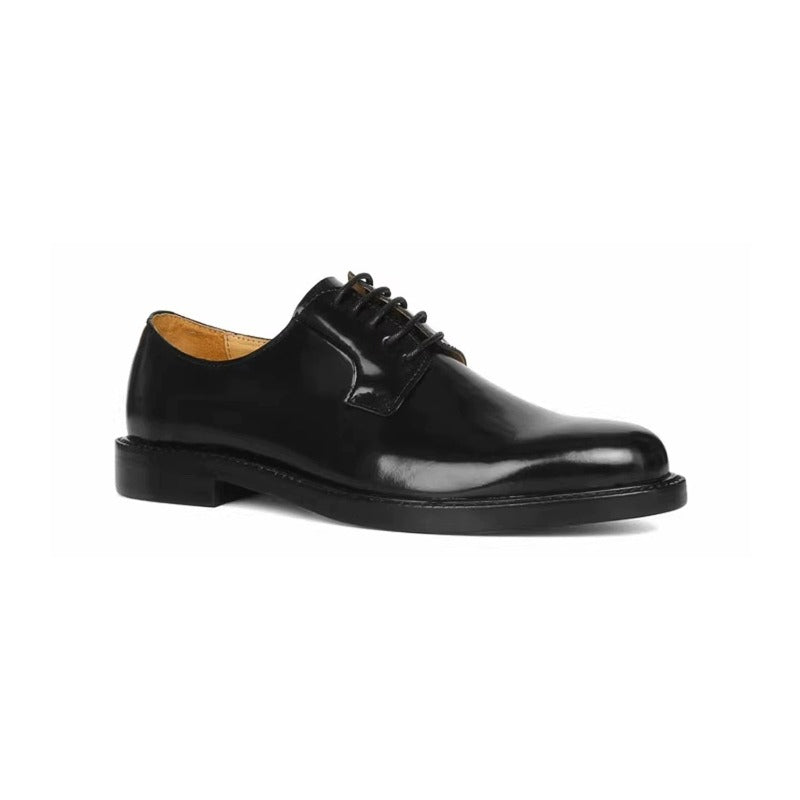 Handmade Black Leather Derby Shoes for Men, Plain Toe Lace-Up Dress Shoes