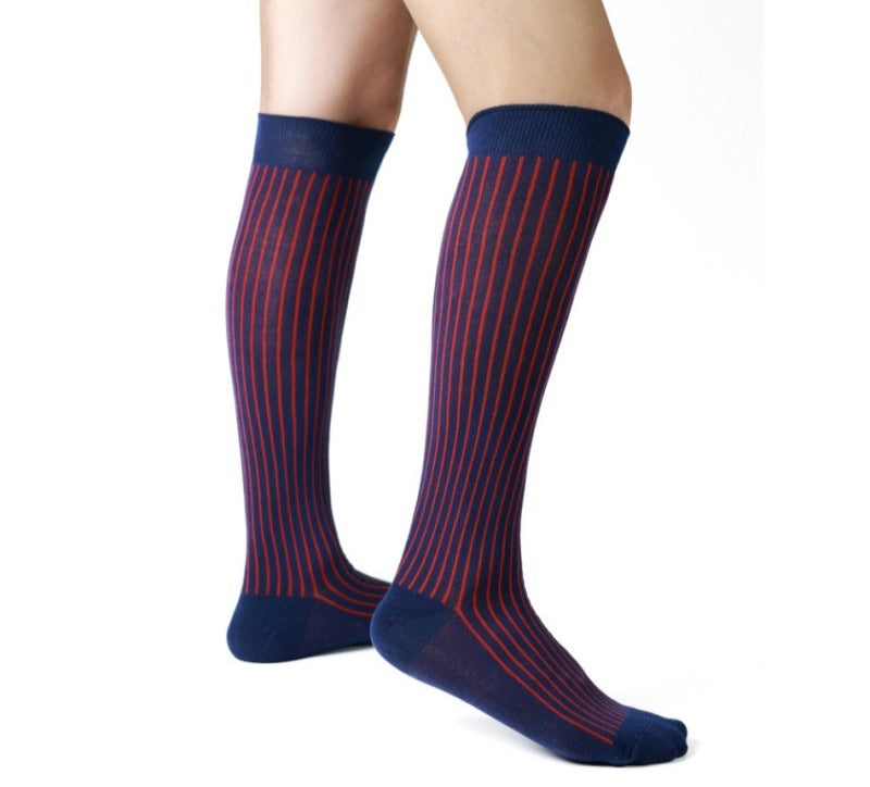 Lunepebbla two-tone ribbed sheer dress socks in red and black bicolor stripes, knee-high nylon socks