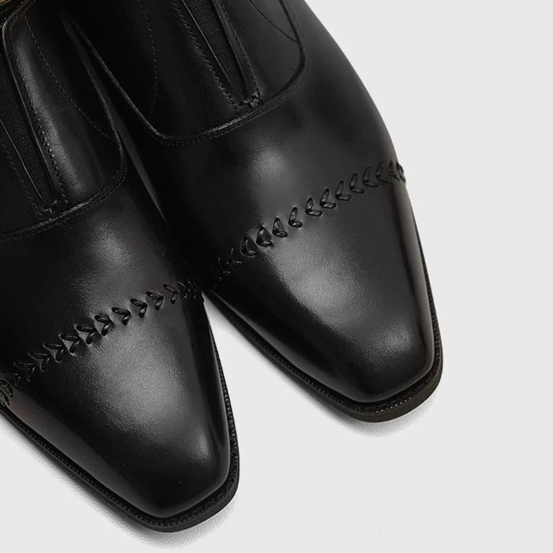 Handmade Black Leather Laceless Cap-Toe Oxfords for Men, Slip-On Dress Shoes