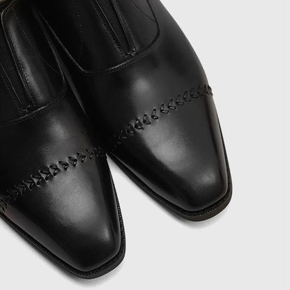 Handmade Black Leather Laceless Cap-Toe Oxfords for Men, Slip-On Dress Shoes