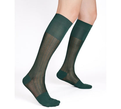 Lunepebbla ribbed sheer black nylon knee-high dress socks with tonal panels showing rib texture
