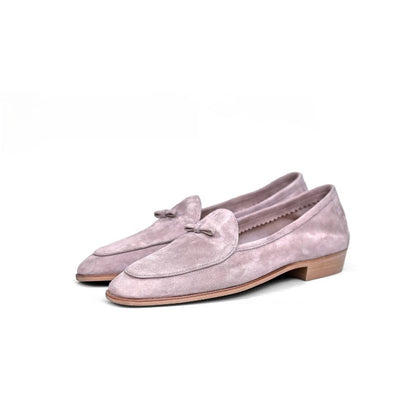 Lunepebbla sand suede tassel loafers rear view showing stacked heel and soft construction