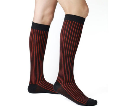 Lunepebbla two-tone ribbed sheer dress socks in black and white bicolor stripes, knee-high nylon socks