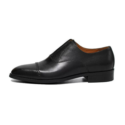 Handmade Black Leather Laceless Cap-Toe Oxfords for Men, Slip-On Dress Shoes