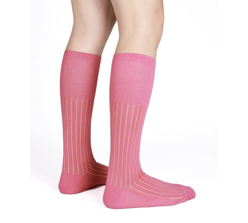 Pink Ribbed Sheer Knee-High Dress Socks for Men