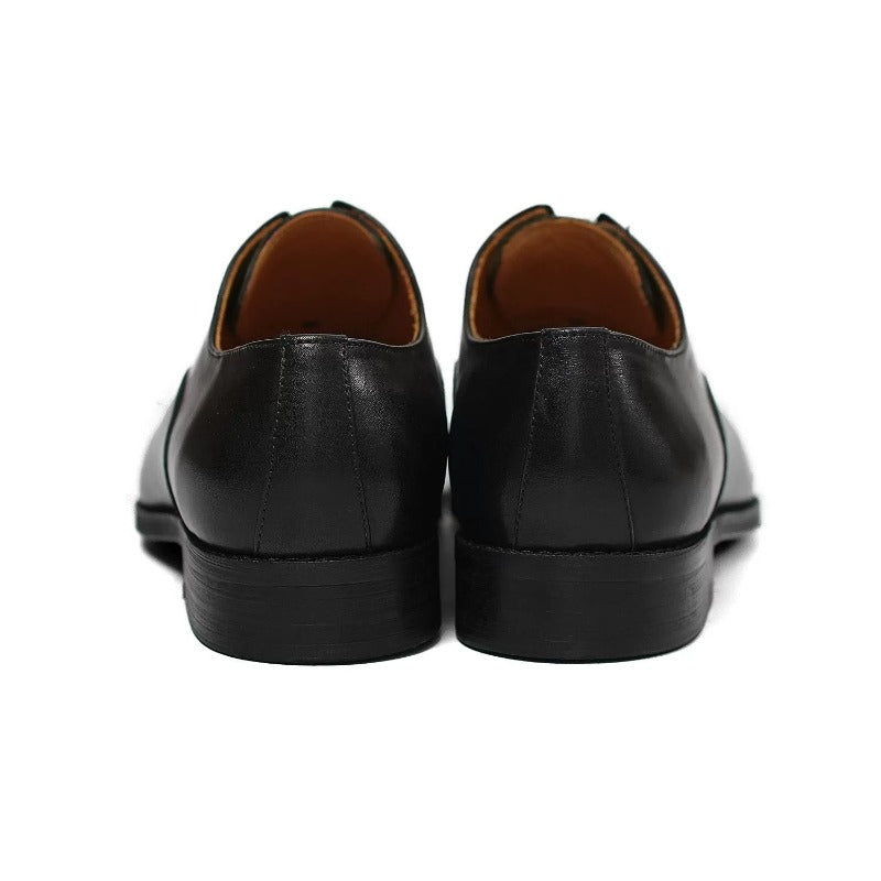 Handmade Black Leather Laceless Cap-Toe Oxfords for Men, Slip-On Dress Shoes