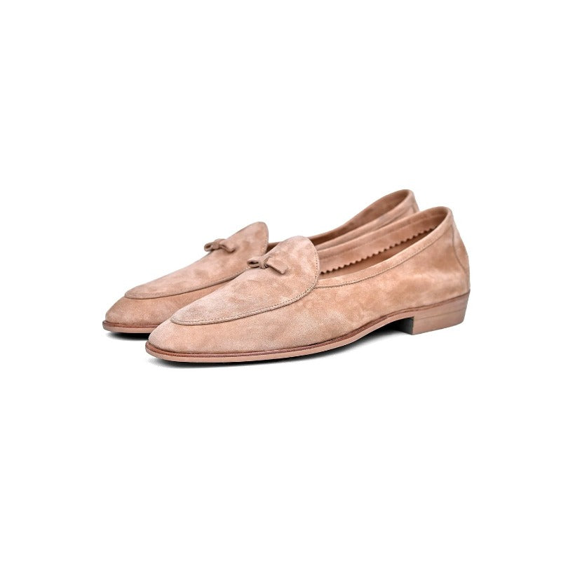 Lunepebbla sand suede tassel loafers worn with white trousers showing Mediterranean styling