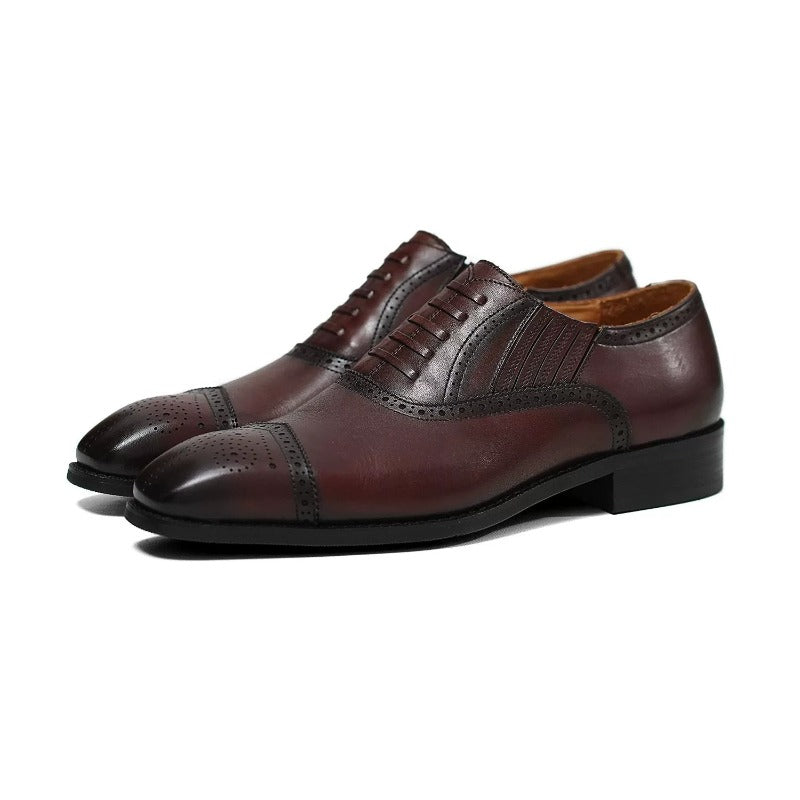 Handmade Dark Brown Cap-Toe Oxford Brogue Shoes for Men, Leather Lace-Up Dress Shoes