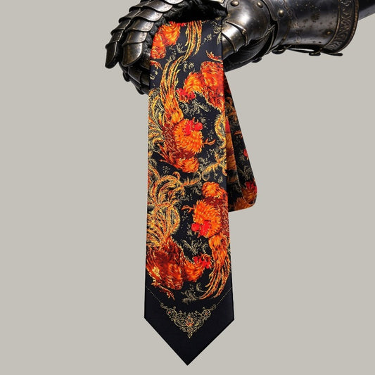 Lunepebbla rooster mulberry silk necktie, yarn-dyed jacquard woven in orange gold crimson
