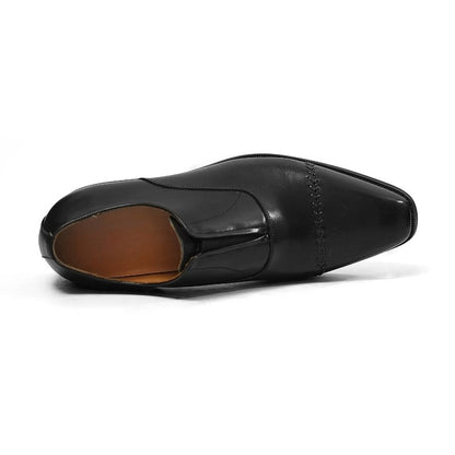 Handmade Black Leather Laceless Cap-Toe Oxfords for Men, Slip-On Dress Shoes