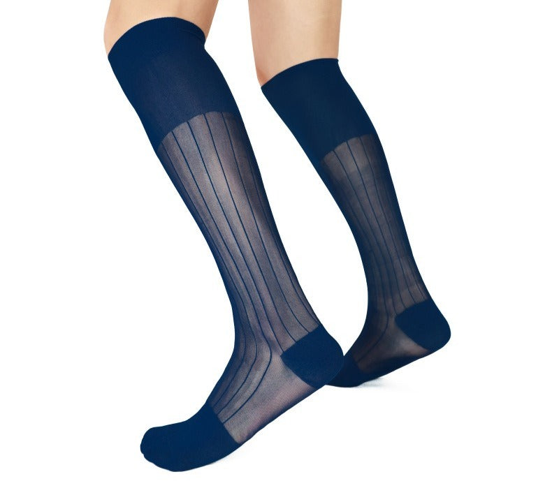 Lunepebbla ribbed sheer purple nylon knee-high dress socks with bold structured rib texture