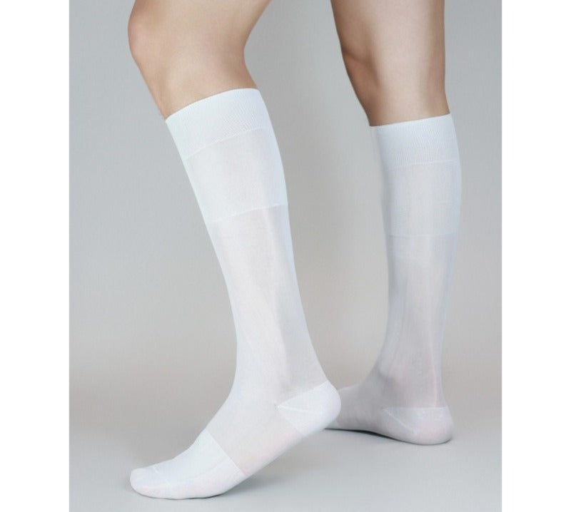 Lunepebbla semi-opaque brown nylon dress socks showing rich chocolate tone knee-high