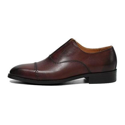 Handmade Brown Leather Laceless Cap-Toe Oxfords for Men, Slip-On Dress Shoes