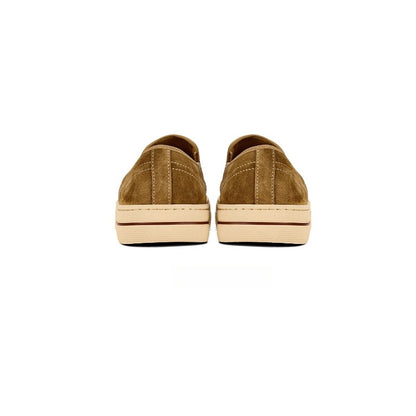 Lunepebbla Brown — handmade suede slip-on sneakers for men, gum sole casual shoes close up detail