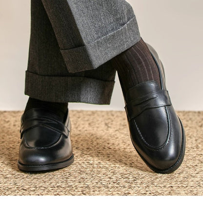 Lunepebbla waxed calfskin penny loafers interior showing caramel full leather lining