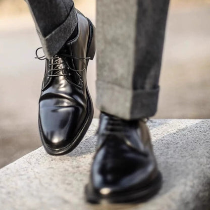 Handmade Black Leather Derby Shoes for Men, Plain Toe Lace-Up Dress Shoes